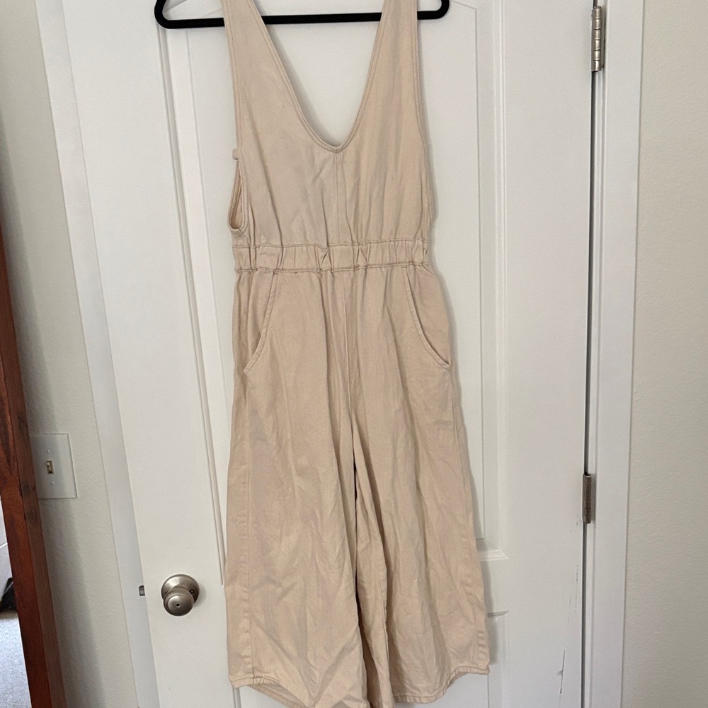 We The Free Neutral Beige Sleeveless Denim Jumpsuit